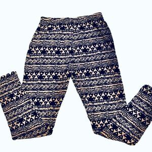 Chandly Navy Blue & Tan Abstract Print Fleece Lined Leggings Size Medium